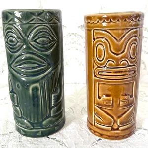 Vintage Shonfeld’s USA Glazed Tropical Tiki Mug Bundle Set x 2 Green Brown Mugs